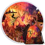 Fantasy Art Unicorn Pegasus Volcanoes and Beautiful Artist Round Beach Towel