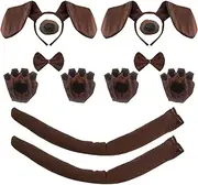 FUIPVGI 2 Set Dog Fancy Dress Costumes,Included Dog Ears Headband Bowtie Fake Nose Tail Puppy Paw Gloves,Dachshund Dog Set,Puppy Dog Costume,Dog Costume for Kids Adults for Halloween Cosplay