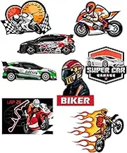 8 x Iron-On Patches for Clothes, Screen Printed Appliques for Iron-On T-Shirts, School Robe, Jeans, Jackets, Sports Design: Car, Motorcycle - REF.6502-U8