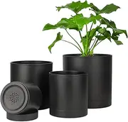 [T4U] Plastic Plant Pots Indoor, 4/5/6/7 Inch Black Plant Pots with Saucers 4 Pcs, 3.5MM Thickened Planters Container with Dense Small Drainage Holes for House Plant Flower Orchid Herb Aloe Succulent