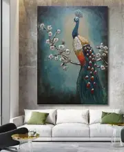 Oil painting, portrait of a glorious peacock, brings color and beauty to any roo