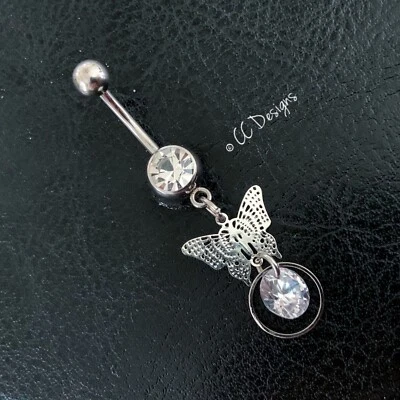 14g white sparkle cz dangle silver butterfly belly ring (B424)