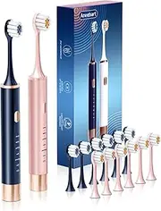 Aneebart Blue & Pink Electric Toothbrush for Adults, USB Rechargeable Sonic Toothbrush with 12 Brush Heads, Smart Timer, 6 Modes, 2-Hour Fast Charge Last 30 Days