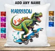 Dinosaur Cushion Cover Pillow Reversible Sequins Personalised T-Rex Skateboard