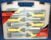 WOOD CHISELS 6pc SET CHROME VANADIUM STEEL, FIBERGLASS HANDLES,STORAGE CASE NEW.
