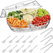 Chilled Condiment Server with 4 Compartment Clear Chilled Serving Container with Lid, Condiment Organizer on Ice, Chilled Topping Station for Home Restaurant 15×11×6 in