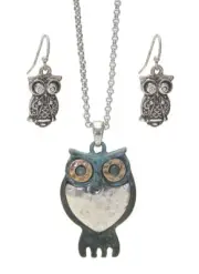 Metal Owl Pendant Necklace and Earrings Set