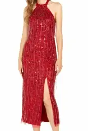 $600 Adrianna Papell Women's Red Sequinned Halter Midi Sheath Dress Size 6