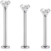 [Kridzisw] 16G 316L Stainless Steel Labret Cheek Tongue Rings Barbell Body Piercing Jewelry Clear Cubic Zirconia 4mm Inlaid 14mm-19mm Bar Length 3PCS