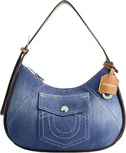 [True Religion] Women's Shoulder Bag Purse, Medium Hobo Handbag with Front Pocket, Denim, Denim