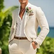Men's Summer Wedding Linen Suits White Sky Blue Fashion Half Lined Lightweight Solid Colored Standard Fit 2 Piece Single Breasted One-button