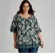 Autograph Top Plus Size 24 Tunic On/Off Shoulder Green Leaf Lace 3/4 Sleeve R$90