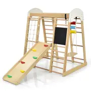 Costway Climb Playset 8-IN-1 Climbing Frame Playground Swing Slide Set w/Climb Board Wooden Indoor Activity Center