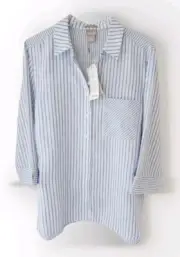 Chicos No Iron 100% Linen Top 3 XL 16 18 Blue White Stripe Button Up 3/4 Sleeve