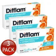 3 x Difflam Sugar Free Orange 16 Lozenges Sore Throat Pain Relief Antibacterial