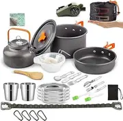 29pcs Camping Cookware Mess Kit - Non-Stick Pot and Pan Kettle Set with Stainless Steel Cups Plates Forks Knives Spoons,Outdoor Cooking and Picnic Camping Cooking Set for Camping