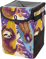 Car Trash Can with Lid and Storage Pockets Leak-Proof Organizer,Multipurpose Trash Bin for Car,Tropical Surf Cartoon Sloth