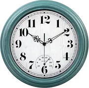zyzamay 12 Inch Indoor Outdoor Clocks,Waterproof Wall Clock with Thermometer,Easy to Read,Non-Ticking Battery Operated Quality Quartz Clock, Decorative for Patio,Porch,Pool,Bathroom,Deck(Green)