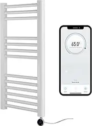 Greened House White Electric Smart WiFi Controlled Heated Towel Rail 500mm W x 800mm H 7 Day Programmable Timer App Compatibility (White Rail + Chrome WiFi Element)