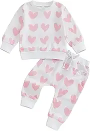 [mlpeerw] Toddler Baby Girl Clothes 3 6 9 12 18 24 Months Fall Outfits Letter Print Long Sleeve Sweatshirt Top + Pants Set, Valentine's Day Love-pink, 12-18 Months