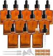 12 Pack 1 oz Amber Square Glass Dropper Bottle for Essential Oil, Perfume, Serums and Liquids With Eye Droppers