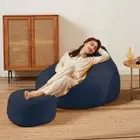 Bean Bag chair sofa Cover with Footrest Without Beans Faux Leather Navy Blue 4XL