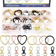 Glarks 60Pcs Flat Key Chain Ring Kit, 4 Colors Creative Heart Shape and Round Shape Keychain Split Key Rings with Swivel Clasps Lanyard Snap Hook for Car Home Keys Organization, Arts Crafts, Lanyards