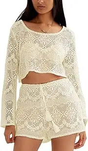 [CHERFLY] Womens Beach Cover Up 2 Piece 2024 Summer Crochet Bikini Hollow Out Long Sleeve Short Tops and Shorts Bathing Suit