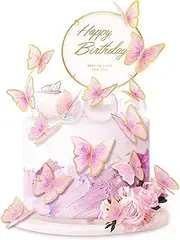 11-Piece Pink Gold Butterfly Cake Toppers - Happy Birthday Metal Cake Topper - Birthday Cake Decorations and Party Decorations