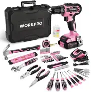 WORKPRO 20V Pink Cordless Drill Driver and Home Tool Set, 141PCS Hand Tool...