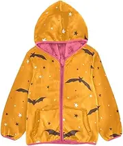 [GuoChe] Girls Sherpa Lined Hoodie Happy Halloween Bats Orange Girl Outerwear Jacket Peach Baby Zip Up Jacket 3-10T