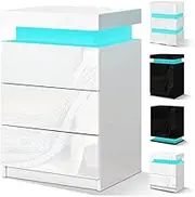 ALFORDSON LED Bedside Table with 3 Drawers High Gloss Nightstand Cabinet Organiser Wooden Bedroom Vintage Side End Table 67cm Height Storage Drawer for Living Room Bedroom in White