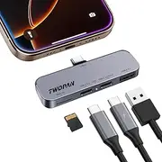 TWOPAN USB C iPhone Hub for ProRes Video Recording - Ultra-Slim Aluminum USB 3.2, Dual USB-C, Micro SD, and Charging Port Hub for iPhone 16/15 Pro/Pro Max