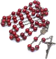 [Pingyongchang] Christmas Deep Red Crystal Beads Rosary Necklace Catholic Prayer Jerusalem Holy Soil Medal Cross Holy Land Antique Religious Rosaries Beads Collection, Metal, alloy
