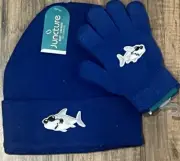Boys Blue Shark Beanie Snow Hat & Gloves 2 Piece Set One Size