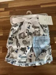 Buttons & Stitches Blue White Elephant Safari Plush Baby Blanket 30” X 40” New