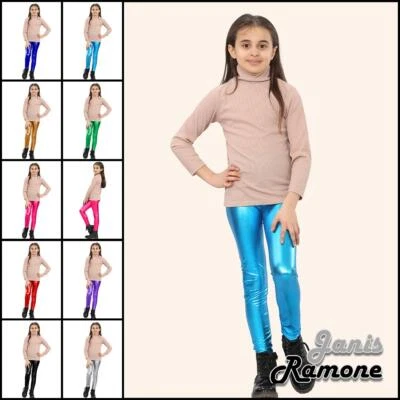 Kids Girls Plain Mettalic Leggings Dance Wet Look Shiny Party Skinny Disco Pants