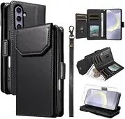[Asuwish] Mobile Phone Case for Samsung Galaxy S24 Plus S24+ 5G Case with Film, Screen Protector and Card Slot, Foldable Leather Wallet Stand S24plus 24S S 24 + 24+ Mobile Phone Cases Protective Phone