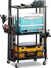 EXTCCT Fishing Rod Holder - Fishing Pole Rack for 10 Rods - Adjustable Height Fishing Gear Equipment Organizer Storage Solution for Garage Basement or Indoor