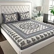 Marusthali jaipuri bedsheets king size cotton rajasthani bed sheets indian cotton bedsheet bagru print bed sheet traditional bed cover 144 tc bedspread 90 x 100 inches (Gray floral)