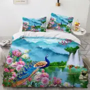 3D Waterfall Peacock 368 Bed Pillowcases Quilt Queen Size