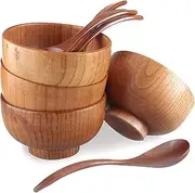 Originalidad Handmade Wood Bowls, Jujube Wooden Japanese Bowls with Matching Spoon for Rice, Soup, Dip, Salad, Tea, Decoration 4 Sets (4 Bowls 4.2 in + 4 Spoons)