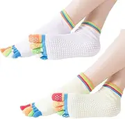 [BCHKO] 2 Pairs of Women's Non-Slip Yoga Stopper Socks, Funny Toe Socks for Pilates, Dance, Hospital, Fitness, Sports, Adults with Grip Rubber Soles (EU 36-43) (Colourful)