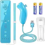 YOVONAZE Compatible with Nintendo Wii Controller, Wii Remote with Nunchuck and Nunchuck Controller with Silicone Case and Wrist Strap for Wii and Wii U, Included 2 AA Batteries (Blue)