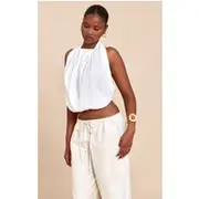 White Linen Blend Highneck Backless Puffball Top, White