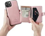 GoshukunTech for iPhone 15 Pro Case,for iPhone 15 Pro Back Case[ Detachable Card Slots ] PU Leather Magnetic Back Shell Cover Case for iPhone 15 Pro (6.1 inch)-Pink