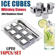 Stainless Steel Whiskey Stones Ice Cubes With Tong Reusable Cooling Ice Cube New