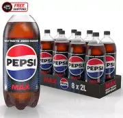 Pepsi Max Zero Sugar Cola Soft Drink, 8 X 2L