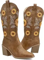 [nzzoo] Women's Western Cowboy Boots Mid Calf Cowgirl Boots Chunky Heel Zipper Square Toe Embroidered Sunflower Fashion Boots
