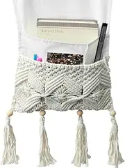 4 Pockets Sofa Armrest Organizer Remote Control Holder Magazine Storage Basket Handmade Macrame Armchair Storage Bag Beige Chair Armrest Caddy for Living Room Magazine Phone